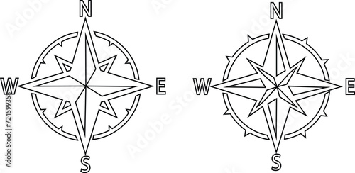 Compass icons set. Monochrome navigational compass with cardinal directions of North, East, South, West. Geographical position, cartography and navigation. Wind rose vector line collection. photo