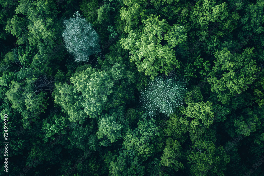 Overhead shot of mixed forest canopy with one dead tree