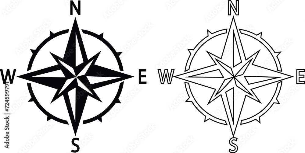 Compass icons set. Monochrome navigational compass with cardinal directions of North, East, South, West. Geographical position, cartography and navigation. Wind rose vector flat or line collection. - obrazy, fototapety, plakaty 