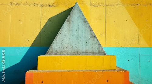 Concrete triangle on yellow blue background. Minimalistic wallpaper.