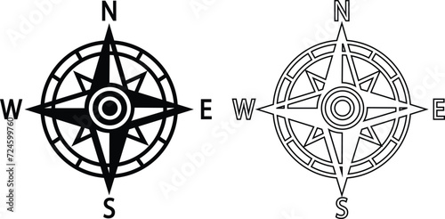 Compass icons set. Monochrome navigational compass with cardinal directions of North, East, South, West. Geographical position, cartography and navigation. Wind rose vector flat or line collection.