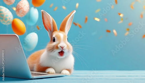 Happy excited Surprised bunny with falling colorful confetti popper, easter eggs, and a laptop, Cute Rabbit on pastel turquoise background.
