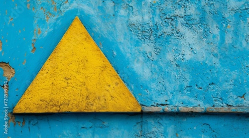 Concrete yellow triangle on blue background. Minimalistic wallpaper.