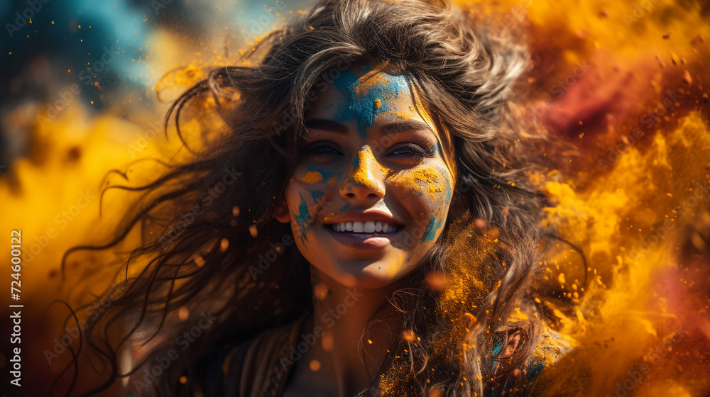 Cheerful happy woman in colorful bright paint in sunny day. Summer portrait of smiling feel good girl on nature background. Holi festival. Leisure enjoy life