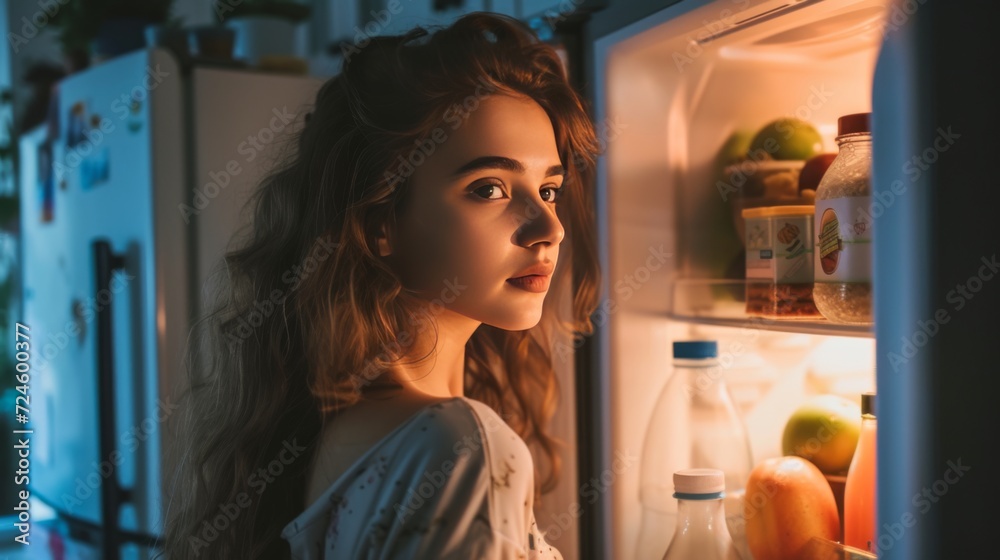 Jeune femme devant un réfrigérateur