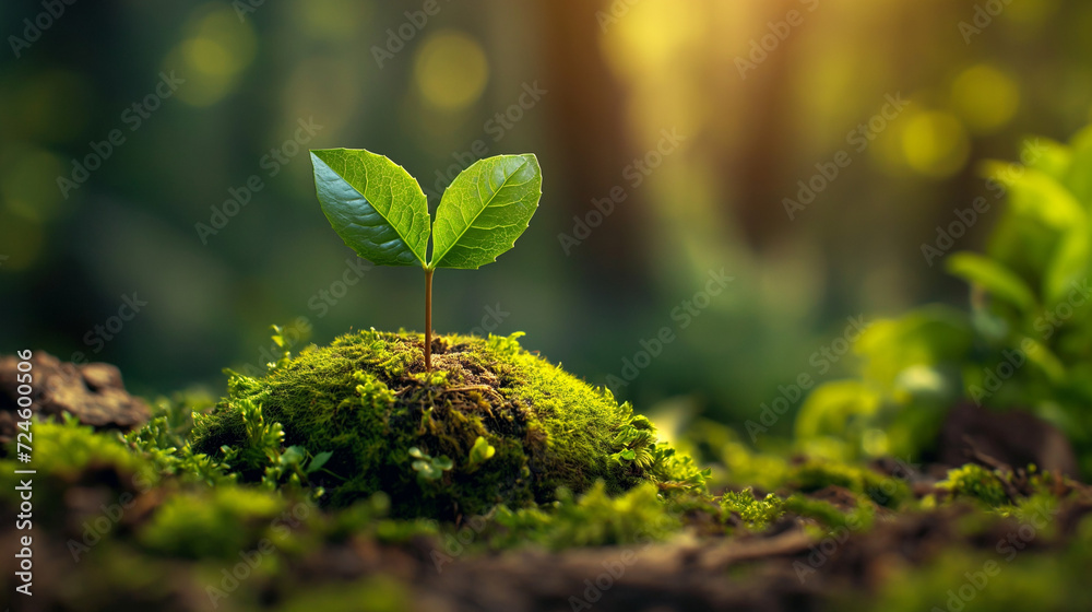 Sprout in the forest. Small trees grow naturally, concept of quality tree planting and sustainable forest restoration. The seedlings grow from fertile soil and the morning sun shines. Ecology  - obrazy, fototapety, plakaty 