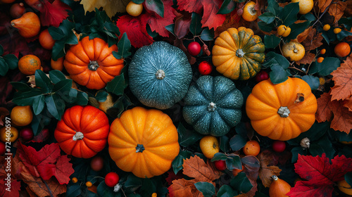 A Display of Pumpkins and Gourds Surrounded by Autumn Leaves