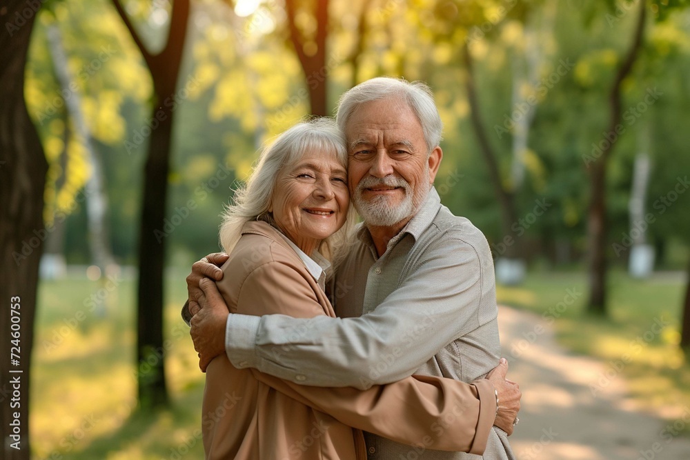 Happy smiling senior couple family hugging while walking in summer city park enjoying retirement and spending time together in nature. Romance, love. care and elderly people relationship concept
