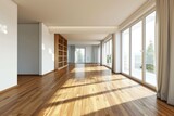 Spacious empty living room with wooden floor