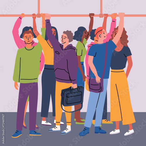 Cartoon Color Characters People Crowded Public Transport Concept Flat Design Style. Vector illustration of Persons Standing Holding Handles