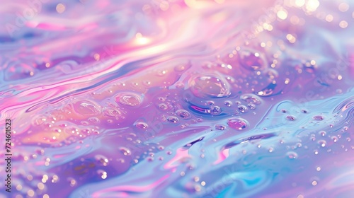 Abstract holographic background with waves and bubbles in pink and blue colors. Macro view.