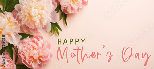 Happy Mother's Day celebration holiday concept greeting card with text - Peonies on pink paper table texture background