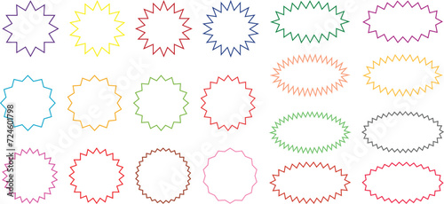 Starburst sale sticker or ribbon colorful icon set price, discount, sunburst badges line blank vector. Special offer price tag promotional shopping label isolated transparent background