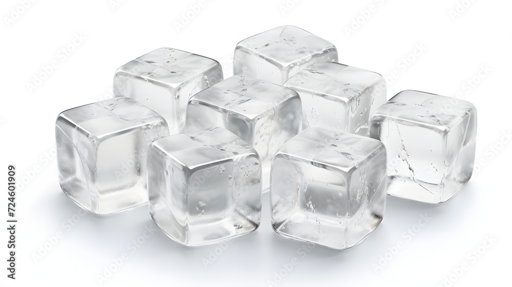 Realistic ice cubes, 3d glass icy pieces for drink cooling, clean square frozen water blocks set for alcohol or cocktail beverages on a white background. Realistic ice cubes, 3d glass icy pieces for drink cooling, clean square frozen water blocks set for alcohol or cocktail beverages on a white background.