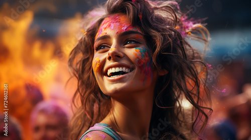 Holi festival. Cheerful happy woman in colorful bright paint. Summer portrait of smiling feel good lies girl. Multi colored face