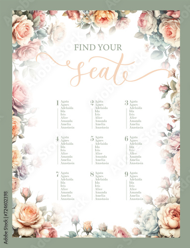 Find your seat. Seating plan for guests with table numbers and watercolor garden roses.