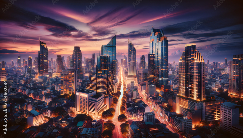 Obraz premium Dramatic cityscape at dusk with the skyline illuminated by the warm glow of the setting sun and bustling city lights. 