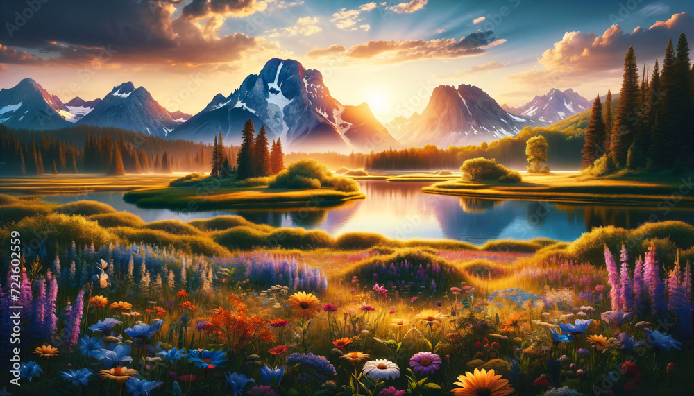 Idyllic sunrise over a mountain lake, with vibrant wildflowers in the foreground and misty peaks in the distance creating a tranquil, picturesque setting. Generative AI.