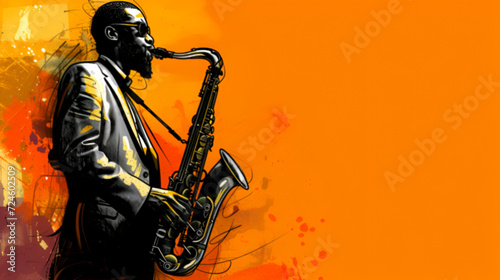 Blurred Jazz saxophonist silhouette against a vivid orange background. Jazz banner with expressive jazz player with sax in dynamic, copy space. Saxophone artist in action on abstract orange background