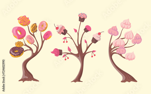 Cartoon Color Fantasy Candy Trees Set with Donuts and Cupcakes Dessert Concept Flat Design Style. Vector illustration