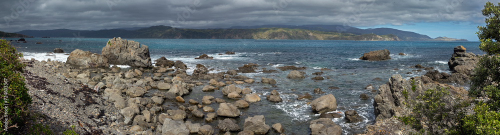Rocky coast at Breaker Bay. Wellington New Zealand. Tasman Sea. Panorama. 