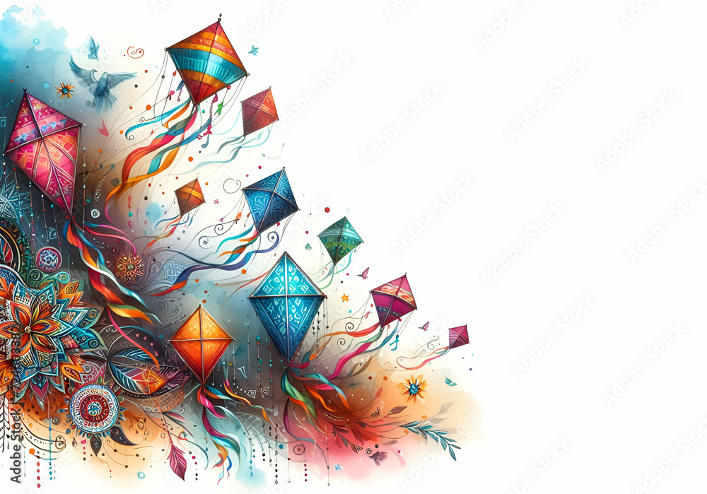 Obraz premium Embark on a journey of wonder and freedom with this enchanting image capturing the essence of paper kites against a white backdrop. Showcasing the kites in different stages of flight ai generative