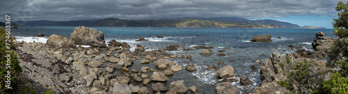 Rocky coast at Breaker Bay. Wellington New Zealand. Tasman Sea. Panorama. 