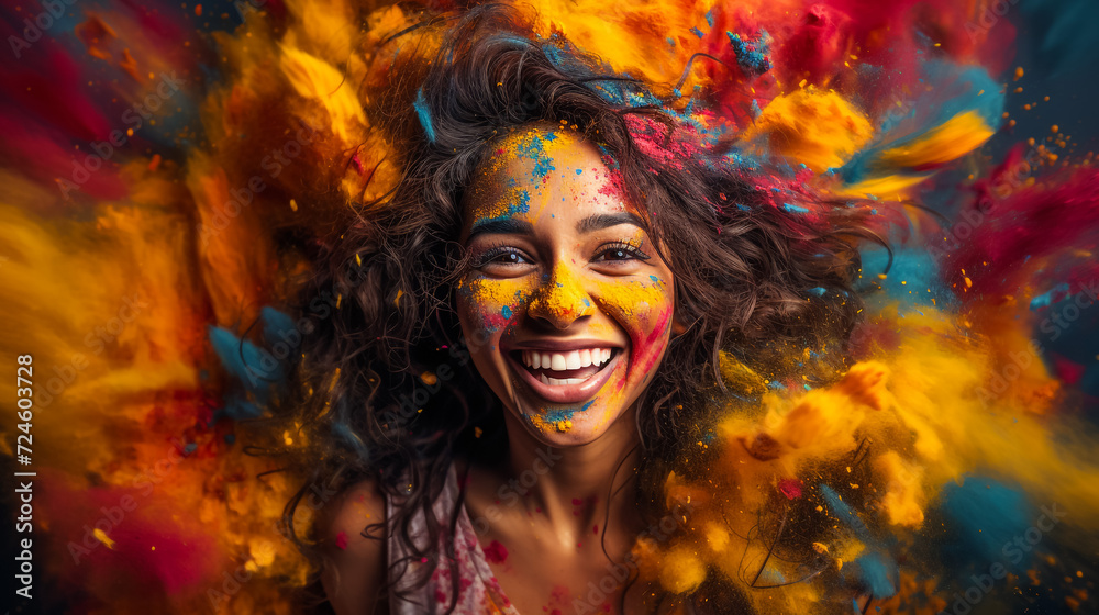 Happy sunny beautiful woman female teenager celebrating holi festival in spring, summer day outdoor in green park with light leaks and colorful powder. International spring happy holi holiday concept