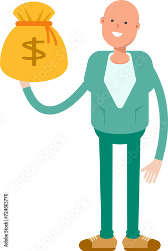 Bald Businessman Character Holding Dollar Sack 