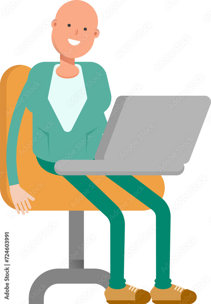 Bald Businessman Character Working on Laptop
Bald Businessman Character Working on Laptop