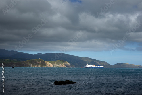 Rocky coast at Breaker Bay. Wellington New Zealand. Tasman Sea. Ferry interislander in the back.