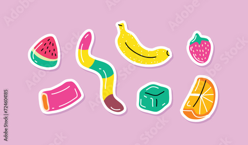 Cartoon Color Gummy Candies for Kids Stickers Set Concept Flat Design Style. Vector illustration of Gelatin Delicious Products