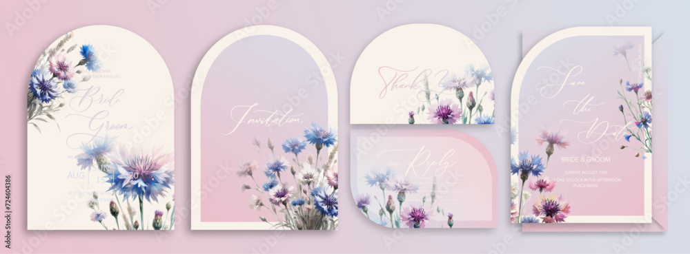 Luxury arch wedding invitation card background with watercolor wild cornflowers. Abstract floral art background vector design for wedding and vip cover template.