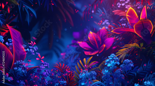 A neon abstract background resembling a digital jungle, with glowing foliage and abstract flora © MyBackground