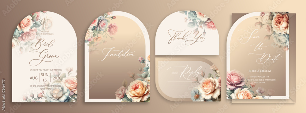 Luxury arch wedding invitation card background with garden watercolor botanical roses and leaves. Abstract floral art background vector design for wedding and vip cover template. Luxury arch wedding invitation card background with garden watercolor botanical roses and leaves. Abstract floral art background vector design for wedding and vip cover template.