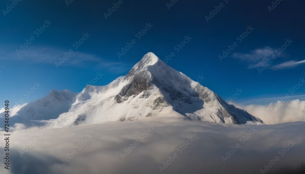 majestic snowy mountain peak towering above the clouds its pristine white slopes contrasting against the deep blue sky 