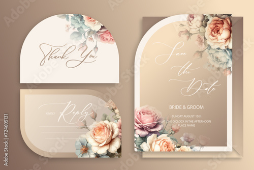 Luxury arch wedding invitation card background with garden watercolor botanical roses and leaves. Abstract floral art background vector design for wedding and vip cover template.