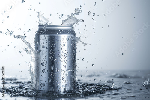 mock up product photograph of a silver color aluminum soda can isolated in splash of water with copy space for text. Fresh water splash around mockup metallic can. blank metal can lemonade
