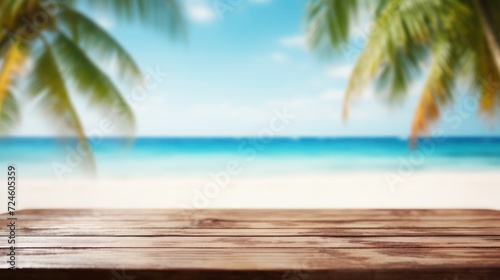 Wooden tabletop and blurred summer beach background for displaying or mounting your products