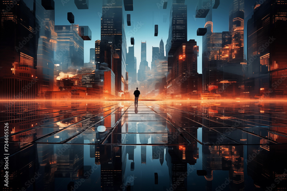 Businessman standing in front of a futuristic city. Hyper realistic illustration