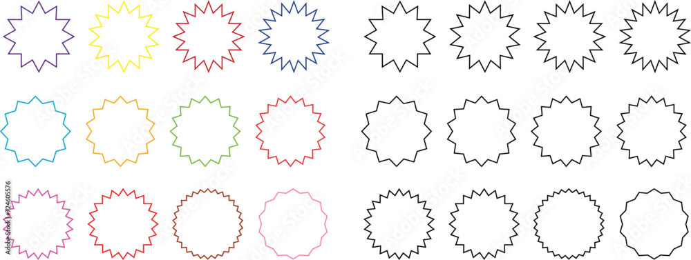 Starburst sale sticker or ribbon icon set of black or colorful price, discount, sunburst badges line vector. Special offer price tag promotional shopping label isolated transparent background Starburst sale sticker or ribbon icon set of black or colorful price, discount, sunburst badges line vector. Special offer price tag promotional shopping label isolated transparent background
