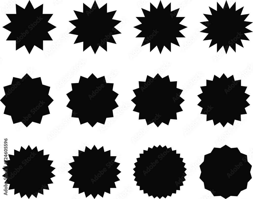 Starburst sale sticker or ribbon black icon set price, discount, sunburst badges flat blank vector. Special offer price tag promotional shopping label isolated transparent background Starburst sale sticker or ribbon black icon set price, discount, sunburst badges flat blank vector. Special offer price tag promotional shopping label isolated transparent background