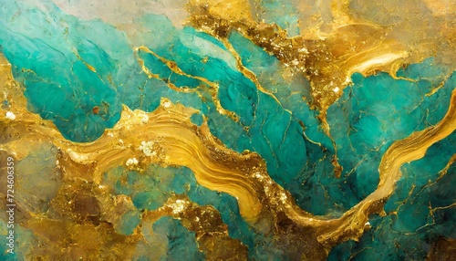 marble texture eastern technique contemporary art golden and turquoise mixed acrylic paints background generative ai photo
