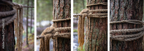 social media stories. collection of vertical backgrounds for social networks, stories. rope on a tree in the forest. old rope tied in a knot to a large tree in the forest. A rope around the trunk  photo