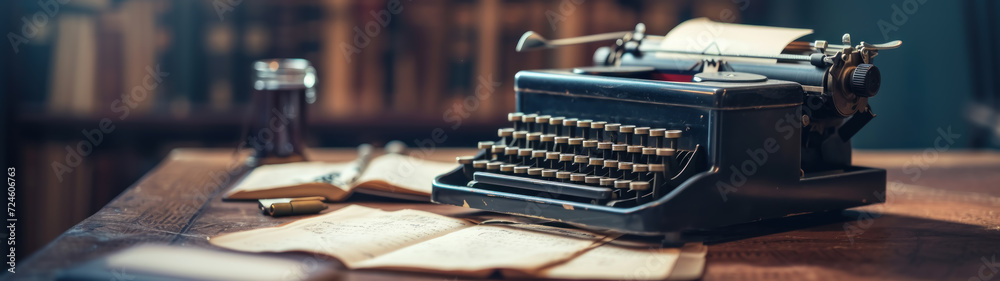 Vintage old aged black typewriter on a table, old letters, and inkwell, - obrazy, fototapety, plakaty 