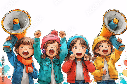Illustrated children with megaphones on watercolor splash background