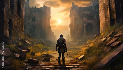 game art piece that captures a significant moment in the middle of a hero s journey through a post apocalyptic world the protagonist a resilient survivor stands at the threshold of a crumbling photo