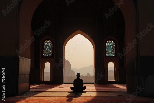 silhouette of a person meditating under an ornate archway mosque
