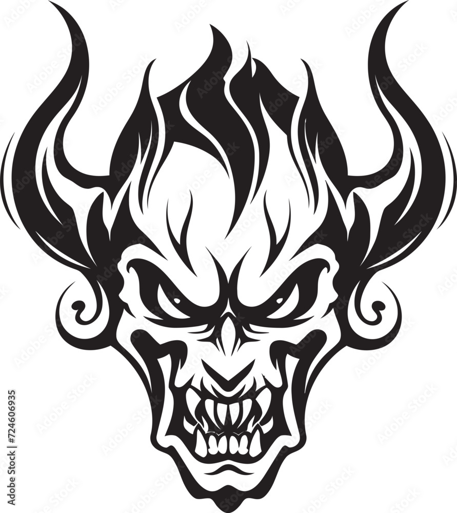 Malevolent Majesty Sinister Devilhead Emblem in Dark Vector Diabolic Dynasty Evil Devilhead Icon in Black Vector Design