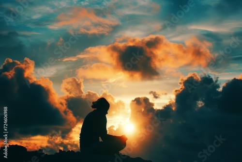 silhouette of a person prayer against the backdrop of a beautiful sunset